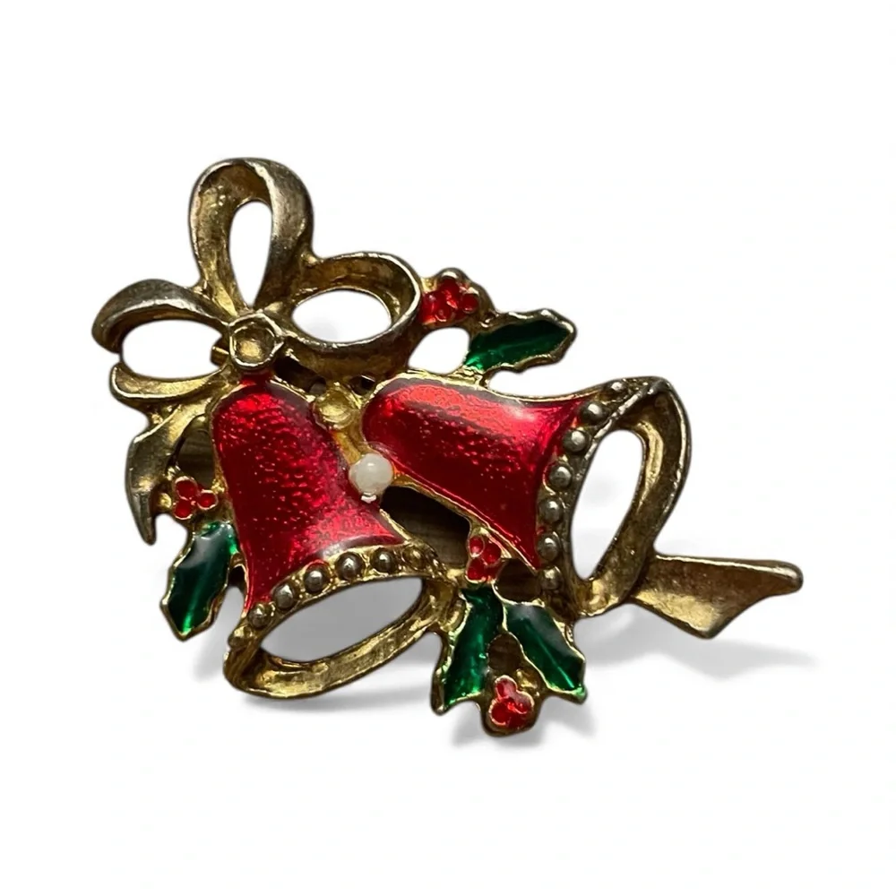 Vintage Christmas Bells Brooch‎ Estate Jewelry Enamel Festive Colorful 2”